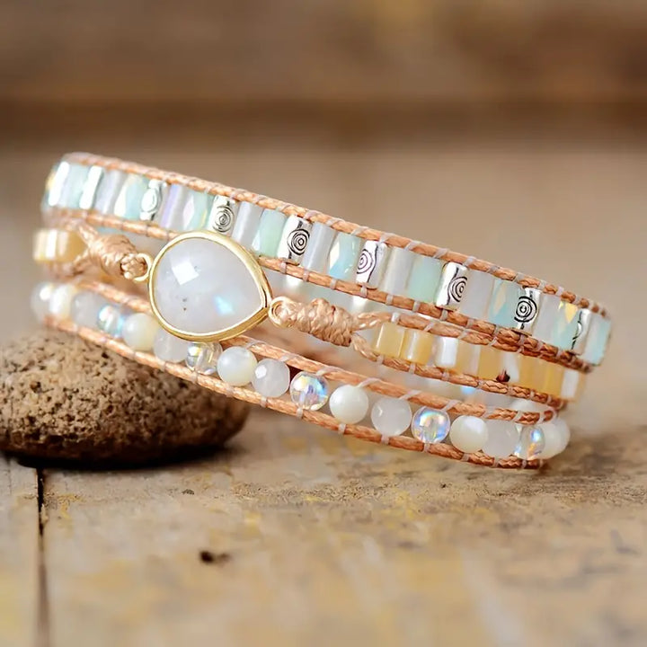 Moonstone Elegance 3-Layer Leather Wrap Around Bracelet