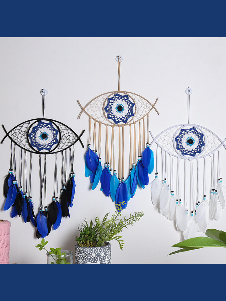 Bohemian Serenity - Handcrafted White, Blue, and Black Feather Evil Eye Dream Catchers