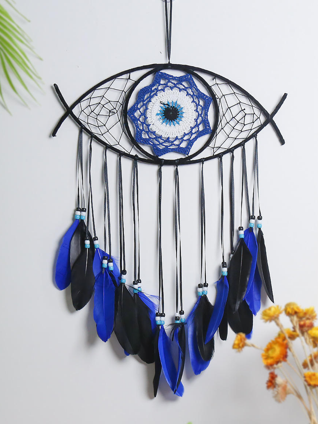 Bohemian Serenity - Handcrafted White, Blue, and Black Feather Evil Eye Dream Catchers