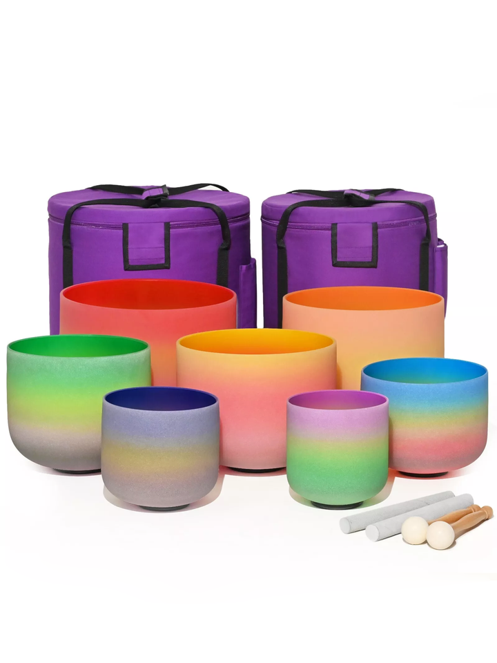 7 Chakra Rainbow Ombre Colored Quartz Crystal Singing Bowl Chakra Set (432HZ) + free Bags and Mallet