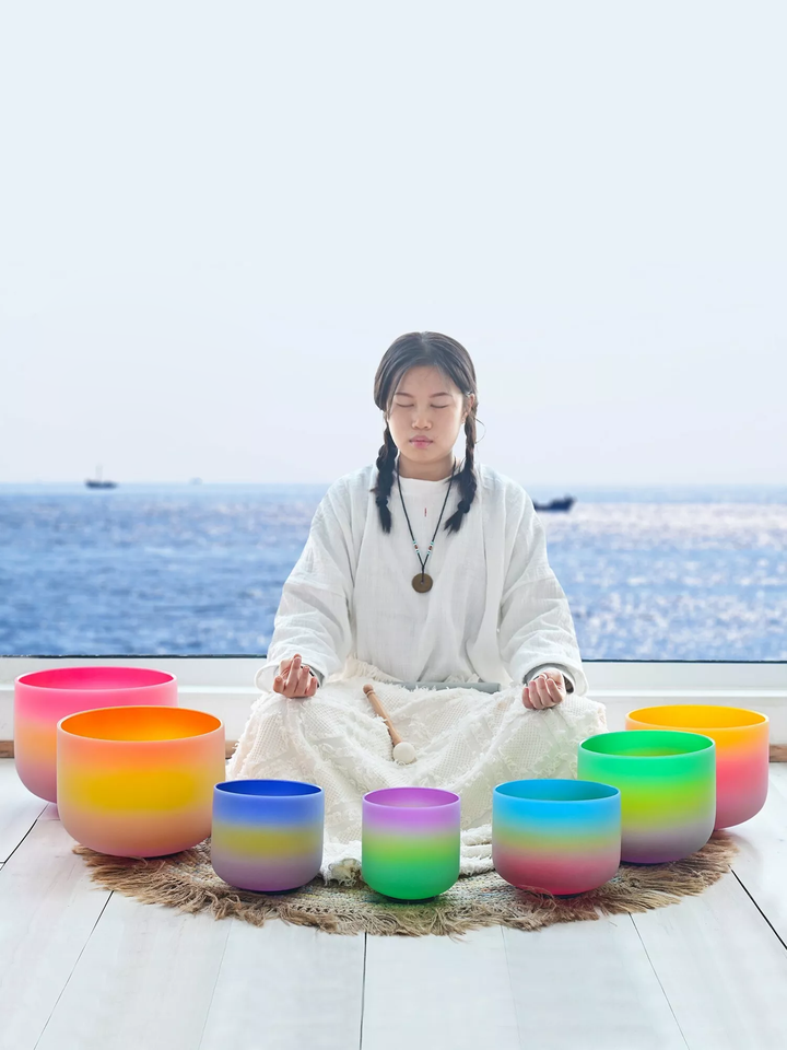 7 Chakra Rainbow Ombre Colored Quartz Crystal Singing Bowl Chakra Set (432HZ) + free Bags and Mallet