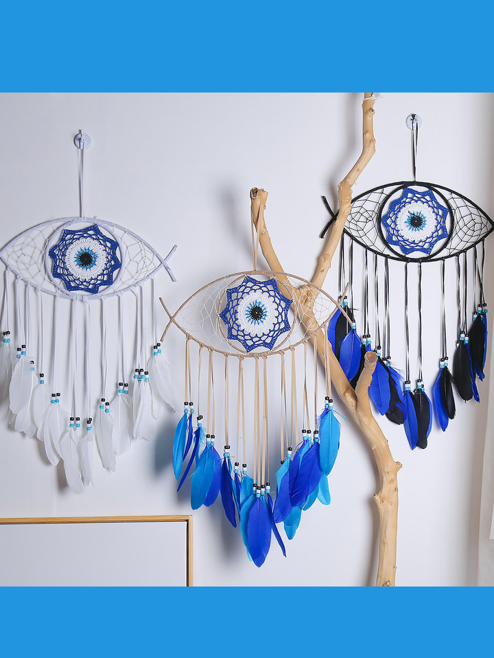 Bohemian Serenity - Handcrafted White, Blue, and Black Feather Evil Eye Dream Catchers