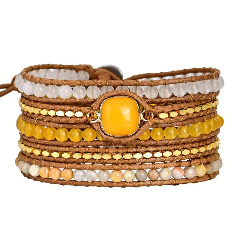 Bohemian Yellow Topaz 5-Layer Leather Wrap Around Bracelet