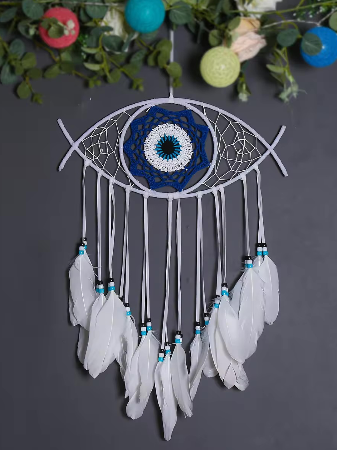 Bohemian Serenity - Handcrafted White, Blue, and Black Feather Evil Eye Dream Catchers