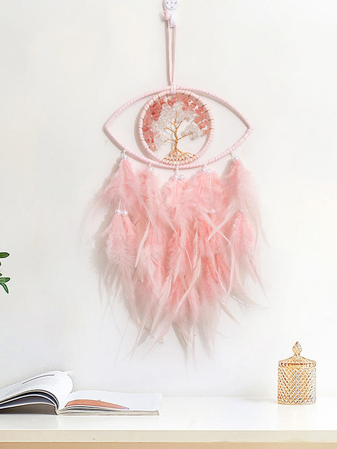 Mystic Harmony - Pink Feathered Evil Eye Crystal Tree of Life Dream Catcher with LED Light