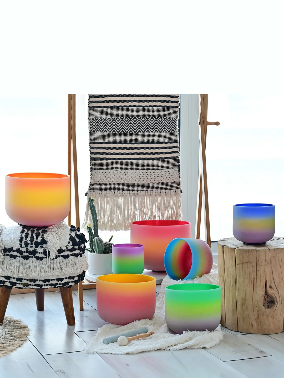 7 Chakra Rainbow Ombre Colored Quartz Crystal Singing Bowl Chakra Set (432HZ) + free Bags and Mallet