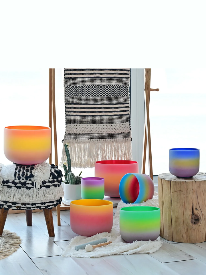 7 Chakra Rainbow Ombre Colored Quartz Crystal Singing Bowl Chakra Set (432HZ) + free Bags and Mallet