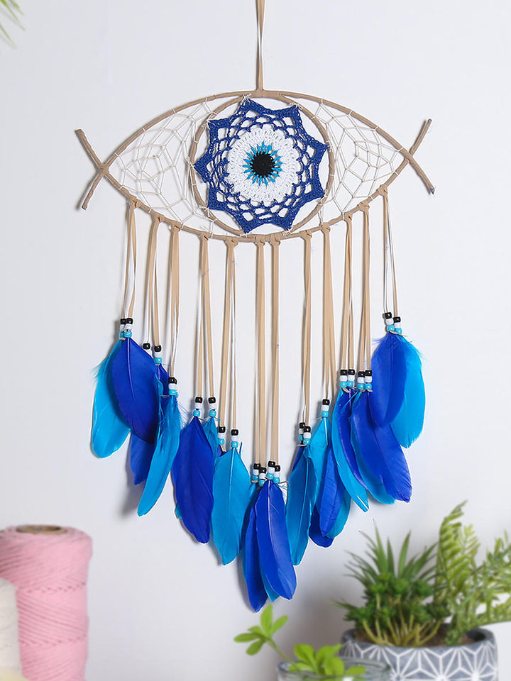 Bohemian Serenity - Handcrafted White, Blue, and Black Feather Evil Eye Dream Catchers