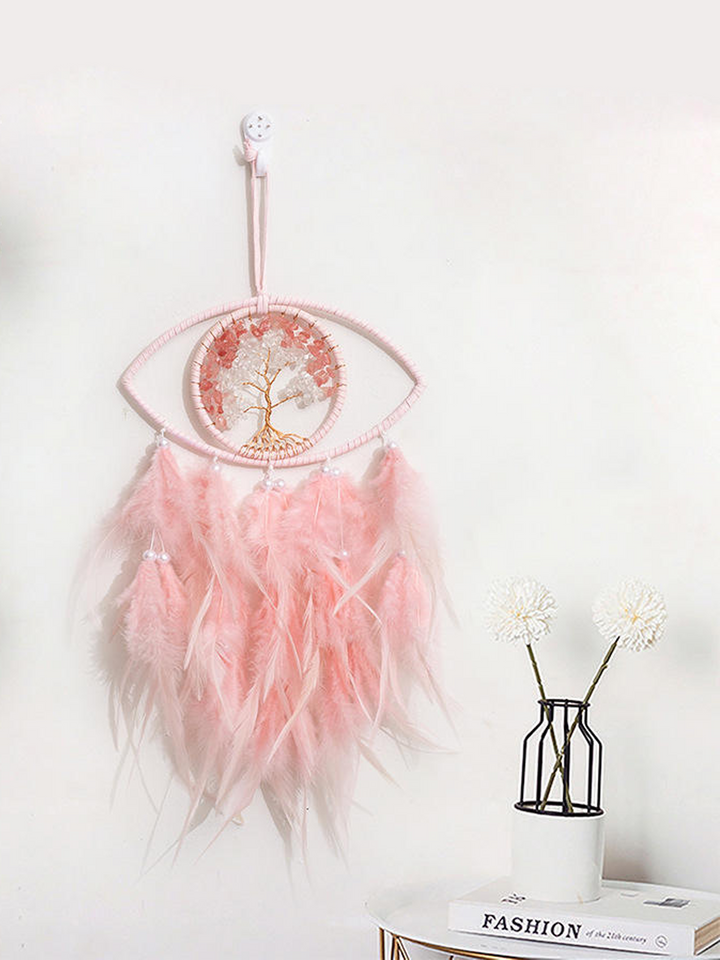 Mystic Harmony - Pink Feathered Evil Eye Crystal Tree of Life Dream Catcher with LED Light