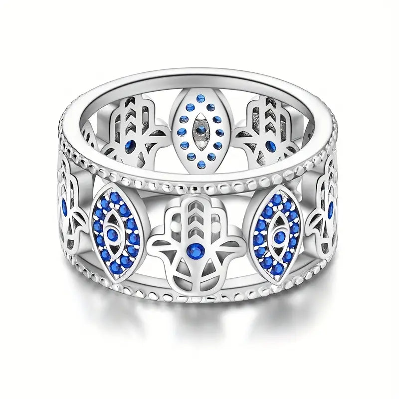 Hamsa Harmony Sterling Silver Women's wide Band Ring (SS)