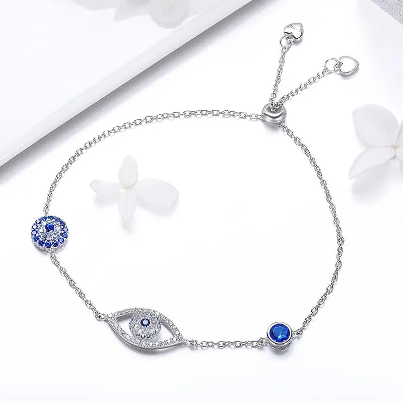 Mystic Gaze - 925 Sterling Silver Adjustable Bracelet with Evil Eye Accents (SS)