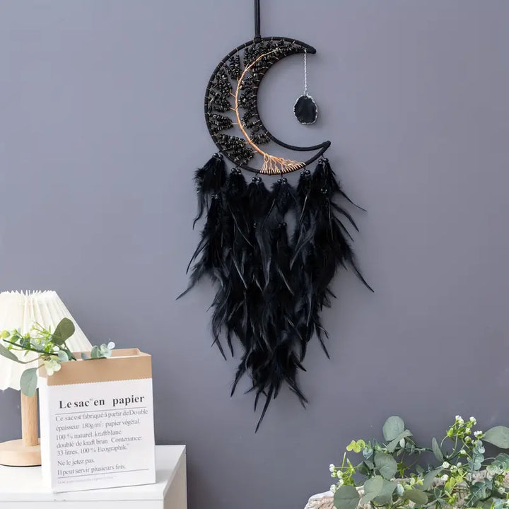 Black Obsidian and Agate Moon Dream Catcher