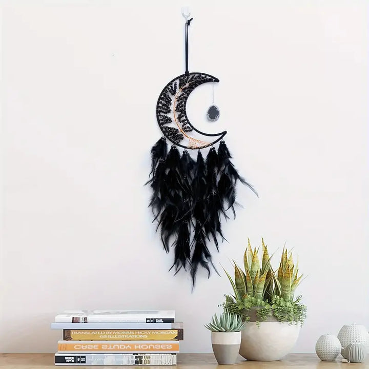 Black Obsidian and Agate Moon Dream Catcher