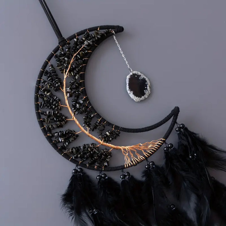 Black Obsidian and Agate Moon Dream Catcher