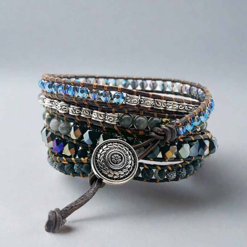 Bohemian Black Agate 5-Layer Leather Wrap Around Bracelet