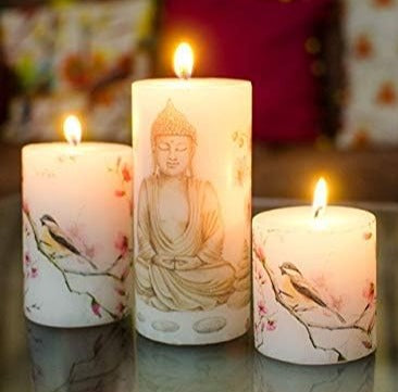 Enlightened Serenity - Buddha Print Pillar Candle Trio