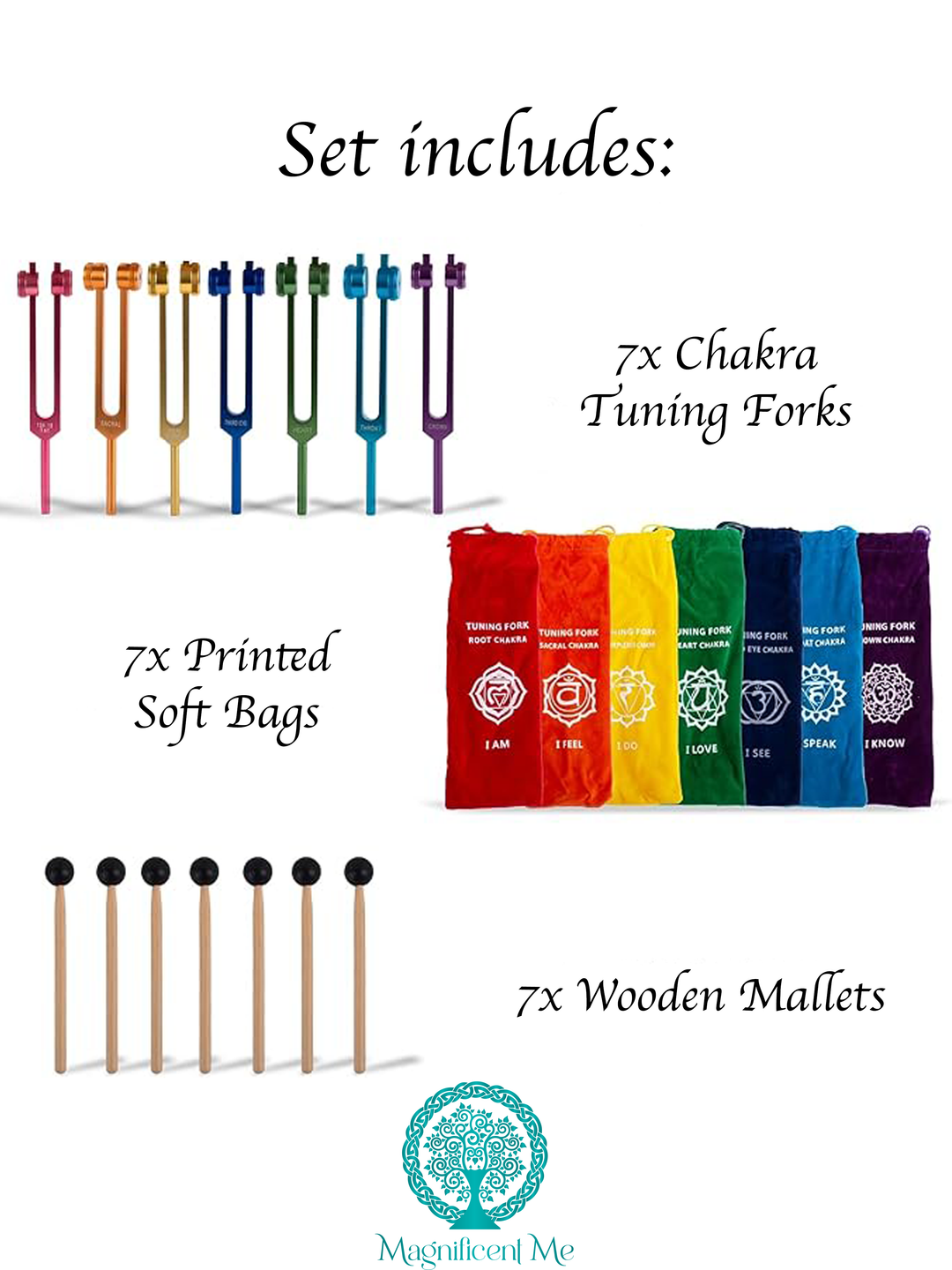 7 Chakra Aluminum Tuning Forks Set with Wooden Mallets and Chakra Bags