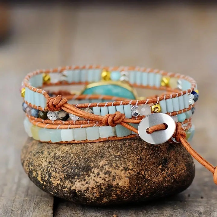 Bohemian Amazonite 3-Layer Leather Wrap Around Bracelet