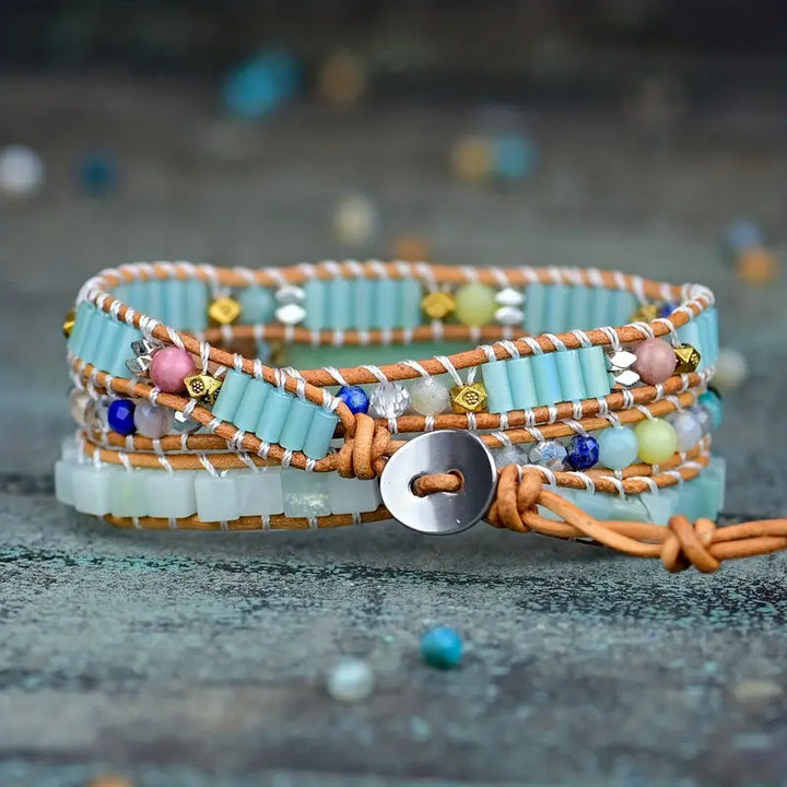 Bohemian Amazonite 3-Layer Leather Wrap Around Bracelet