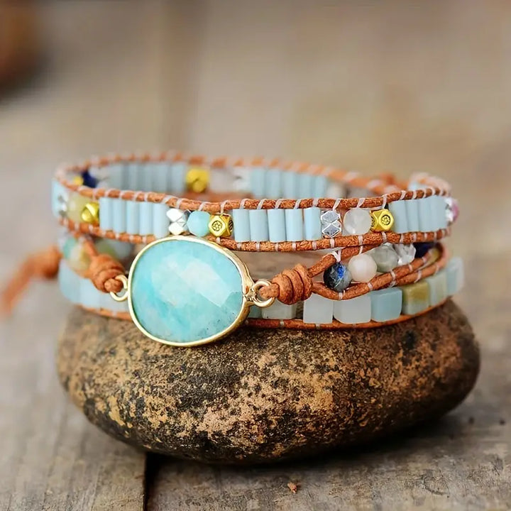 Bohemian Amazonite 3-Layer Leather Wrap Around Bracelet