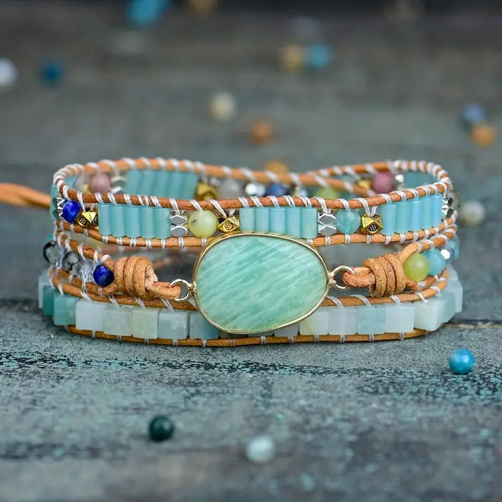 Bohemian Amazonite 3-Layer Leather Wrap Around Bracelet