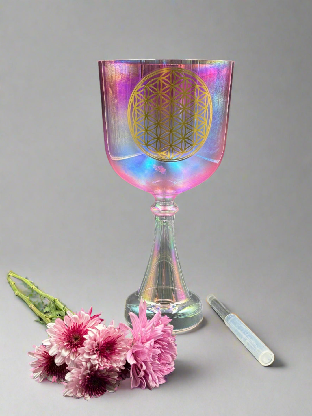 6" Fancy Pink Flower of Life 440 Hz Crystal Singing Chalice (F)