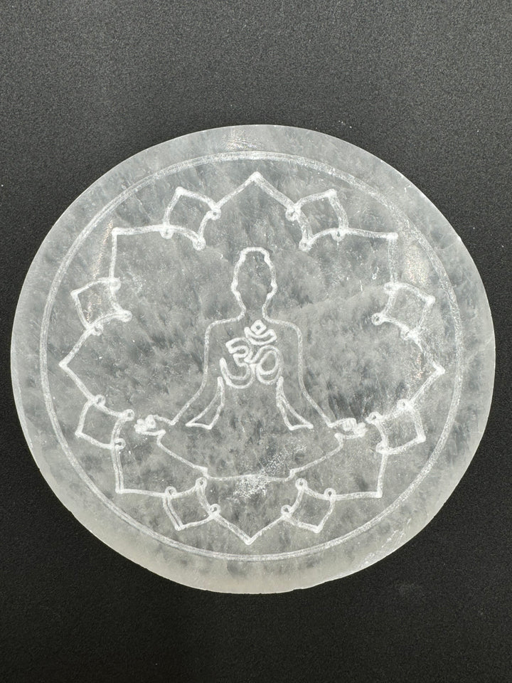 4 inch Hand Etched Ohm and Meditation Pose Selenite Charging Plate