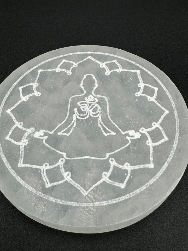 4 inch Hand Etched Ohm and Meditation Pose Selenite Charging Plate