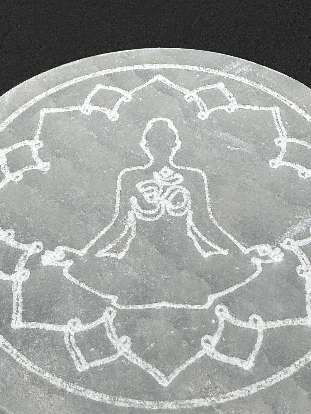 4 inch Hand Etched Ohm and Meditation Pose Selenite Charging Plate