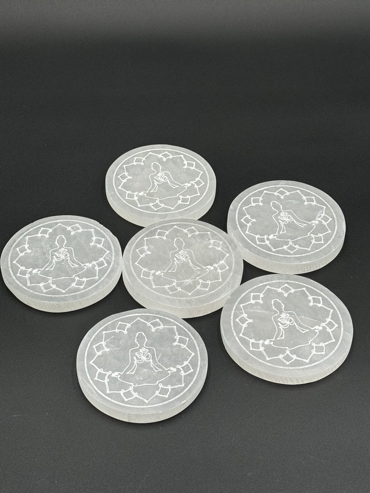 4 inch Hand Etched Ohm and Meditation Pose Selenite Charging Plate