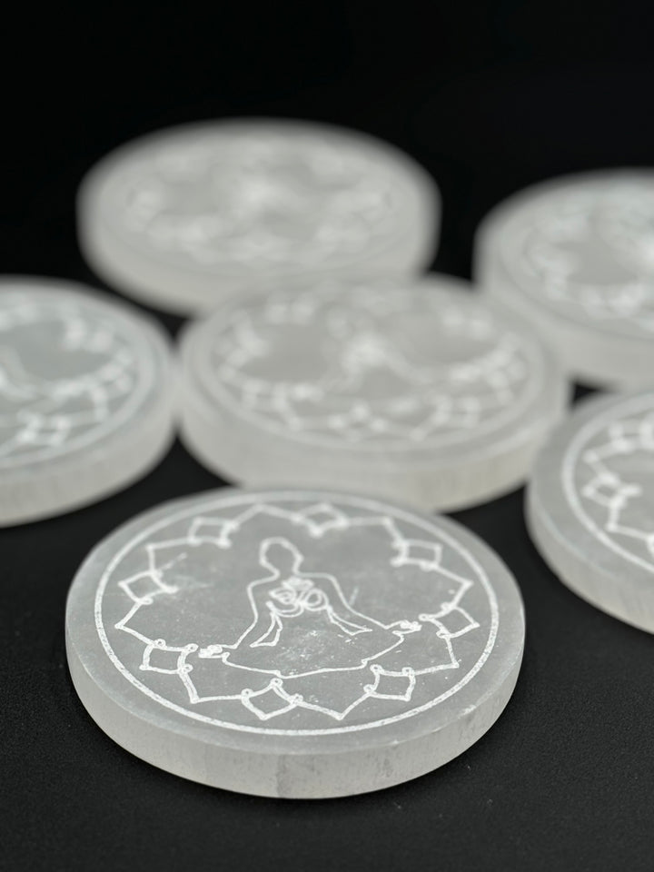 4 inch Hand Etched Ohm and Meditation Pose Selenite Charging Plate