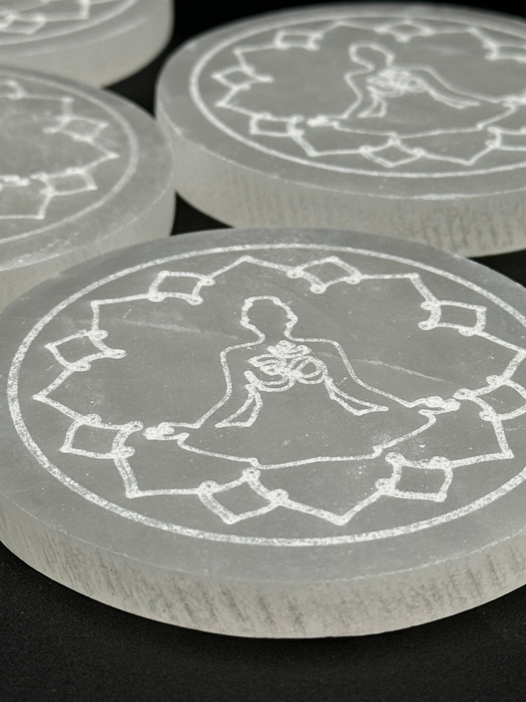 4 inch Hand Etched Ohm and Meditation Pose Selenite Charging Plate