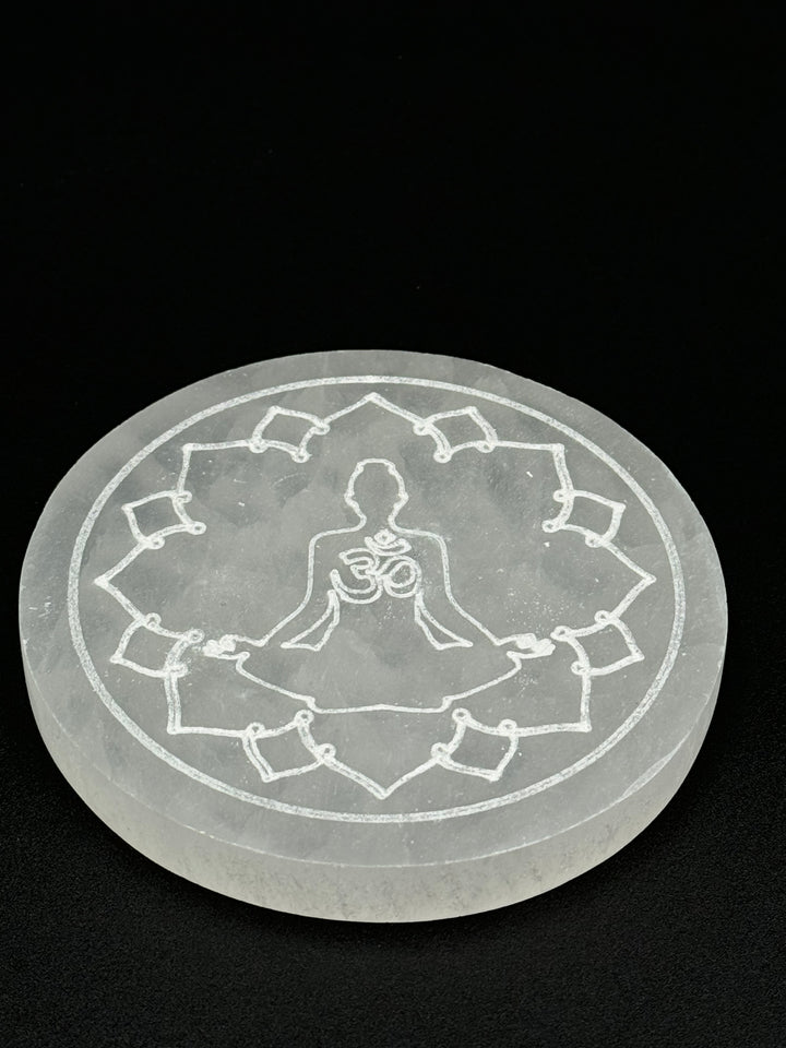 4 inch Hand Etched Ohm and Meditation Pose Selenite Charging Plate