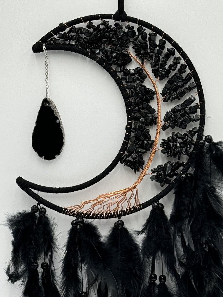 Black Obsidian and Agate Moon Dream Catcher