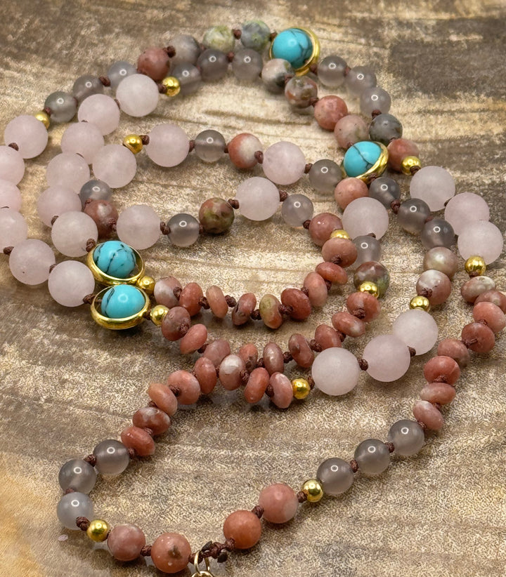 RoseAura Serenity: Rose Quartz 108 Bead Arrowhead Mala Neckalce