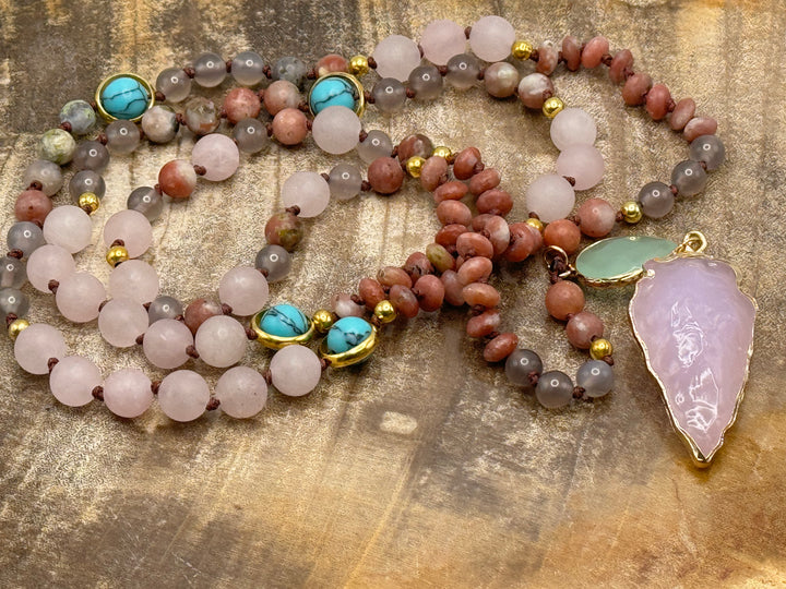 RoseAura Serenity: Rose Quartz 108 Bead Arrowhead Mala Neckalce