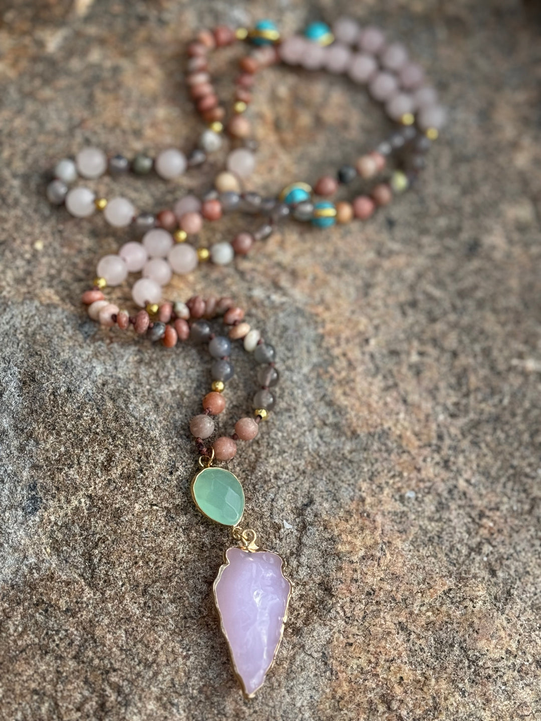 RoseAura Serenity: Rose Quartz 108 Bead Arrowhead Mala Neckalce