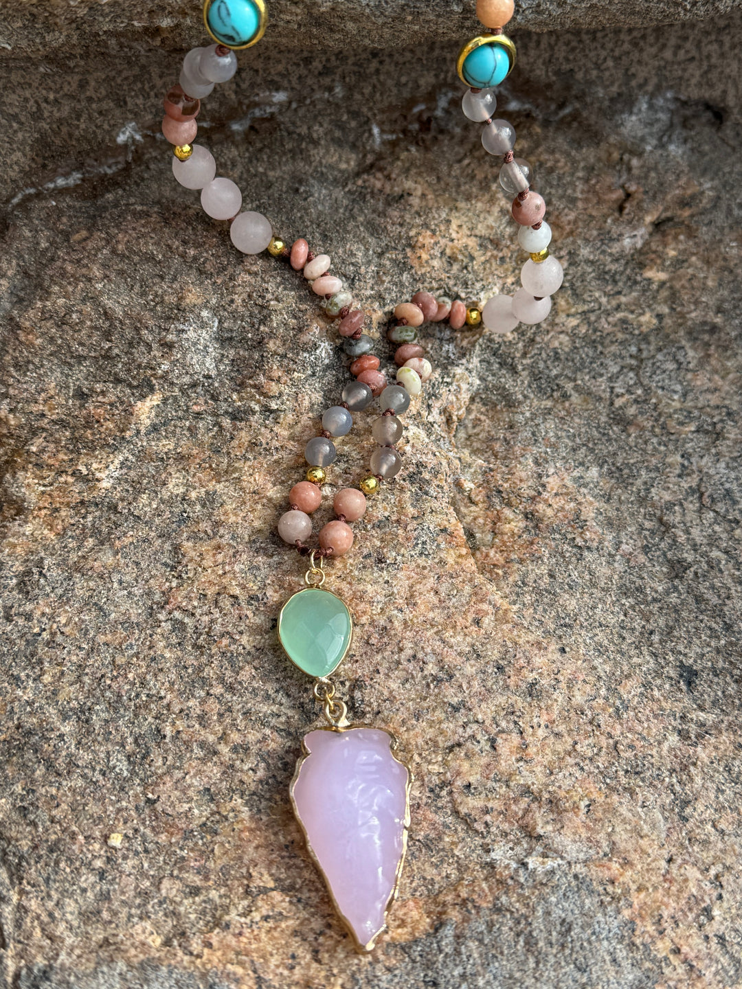 RoseAura Serenity: Rose Quartz 108 Bead Arrowhead Mala Neckalce