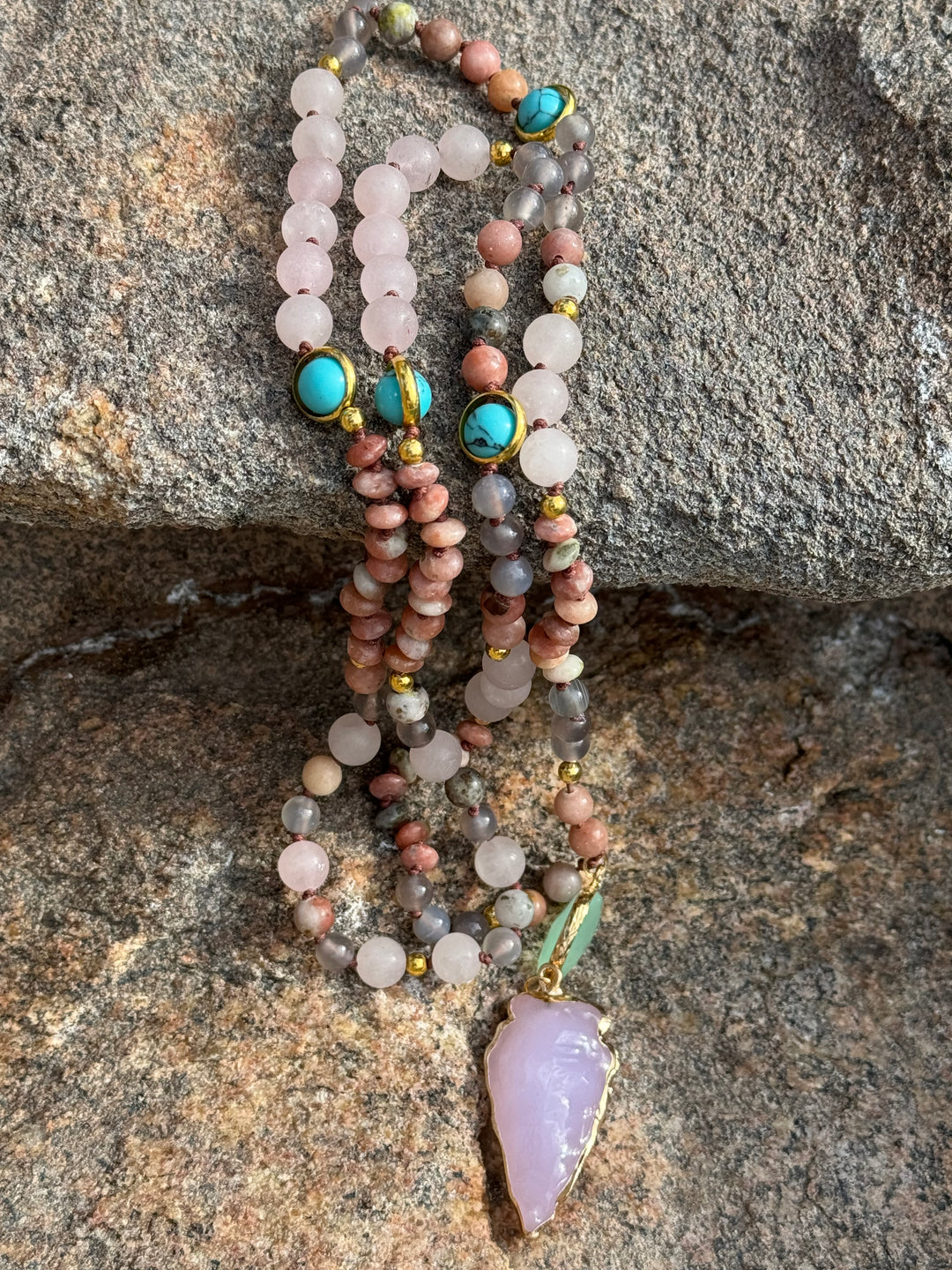 RoseAura Serenity: Rose Quartz 108 Bead Arrowhead Mala Neckalce