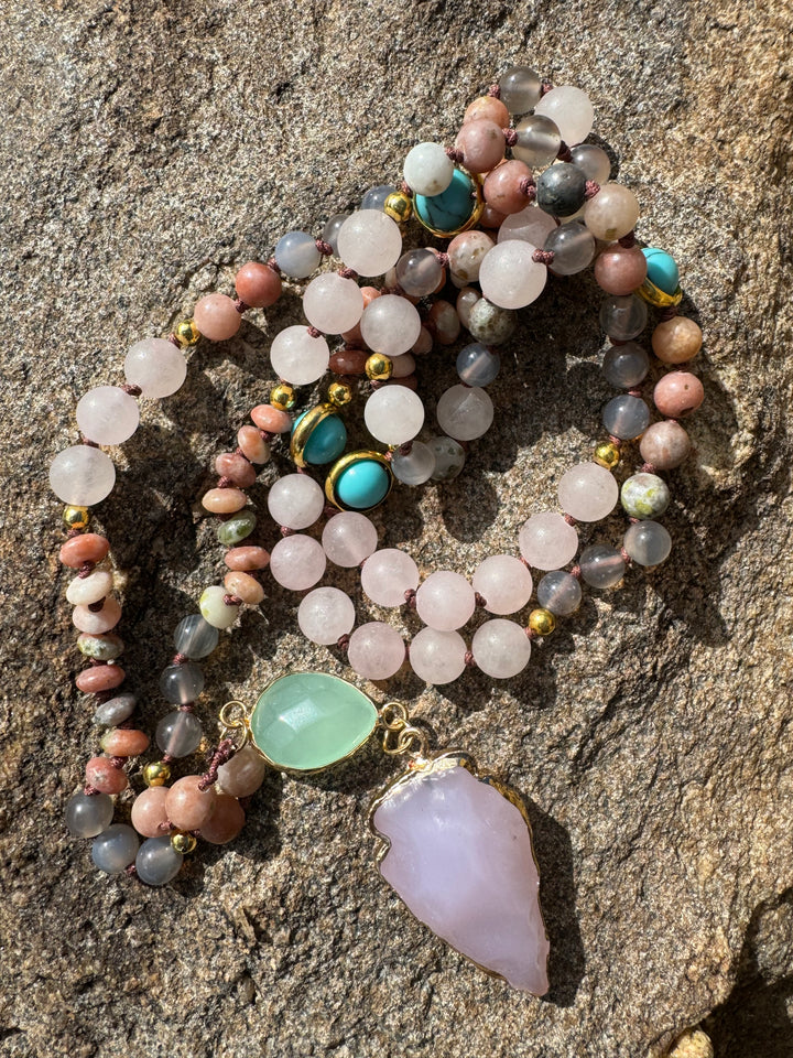 RoseAura Serenity: Rose Quartz 108 Bead Arrowhead Mala Neckalce