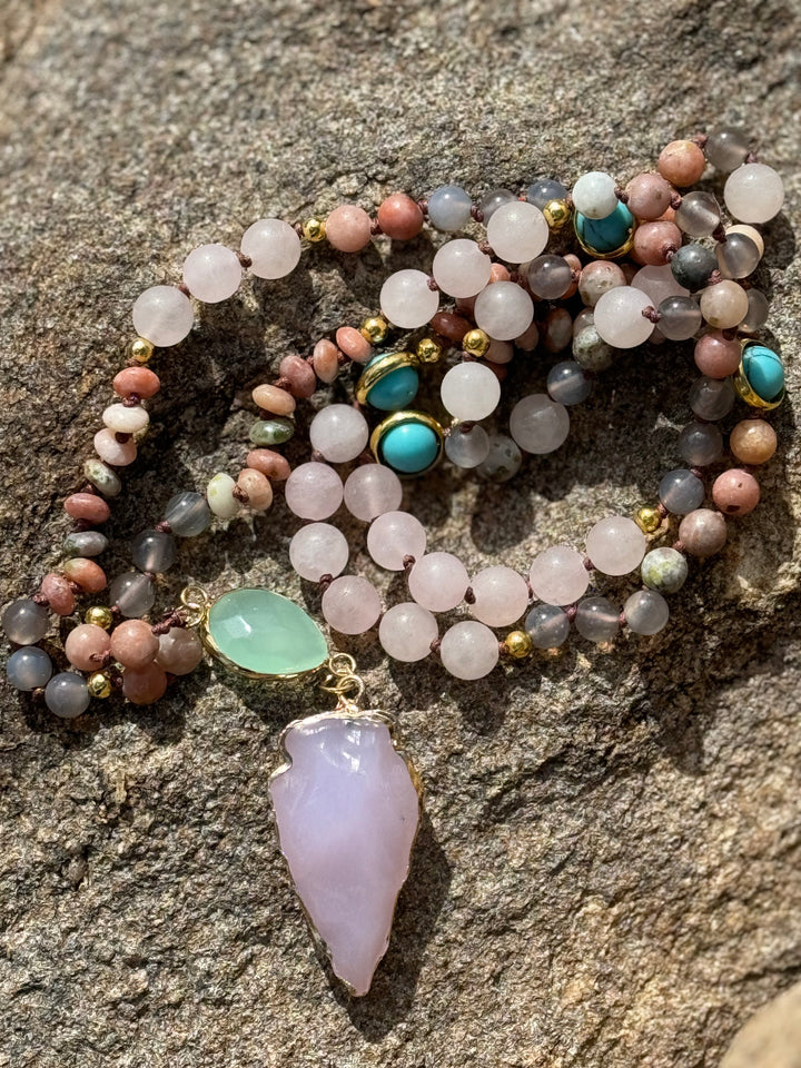 RoseAura Serenity: Rose Quartz 108 Bead Arrowhead Mala Neckalce