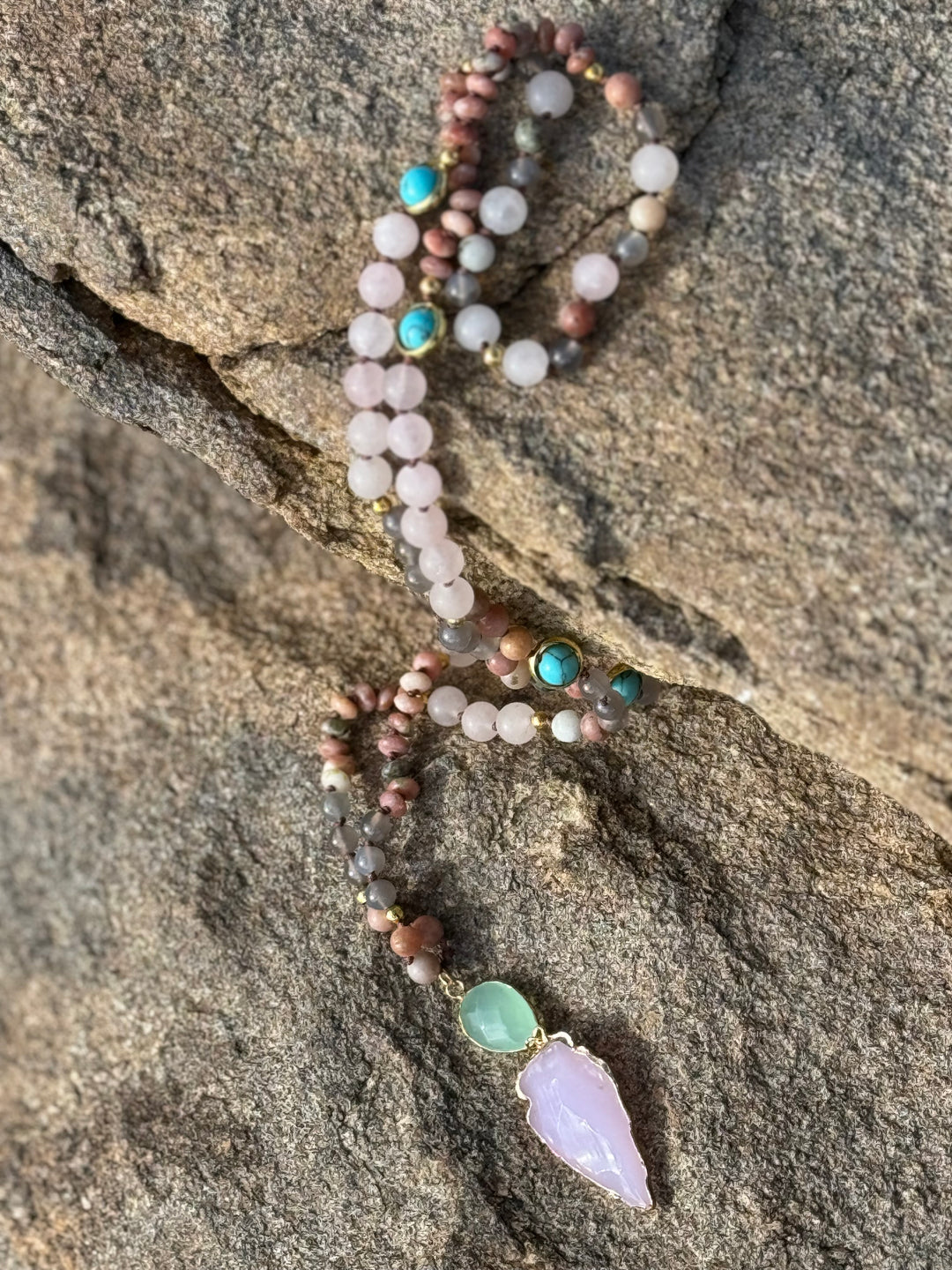 RoseAura Serenity: Rose Quartz 108 Bead Arrowhead Mala Neckalce