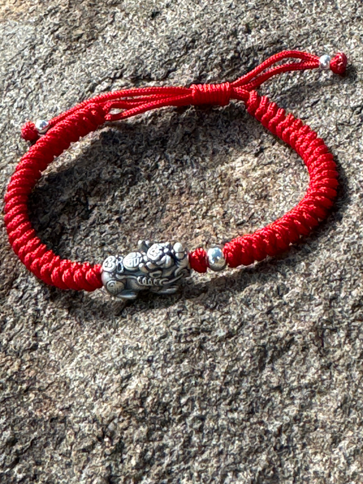 Red Braided Rope Vintage Sterling Silver 999 Pixiu Bracelet