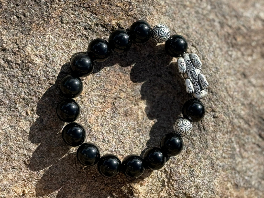 Divine Prosperity - Sterling Silver 999 Pixiu & Natural Black Obsidian Beads