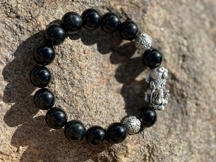 Divine Prosperity - Sterling Silver 999 Pixiu & Natural Black Obsidian Beads