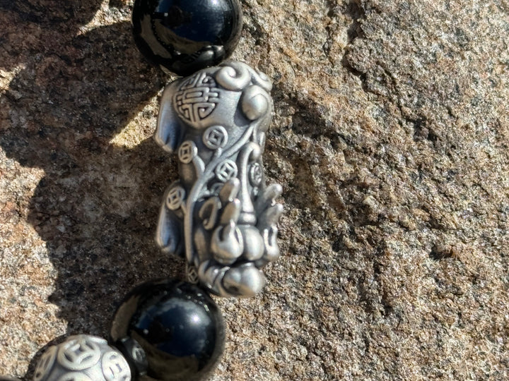 Divine Prosperity - Sterling Silver 999 Pixiu & Natural Black Obsidian Beads