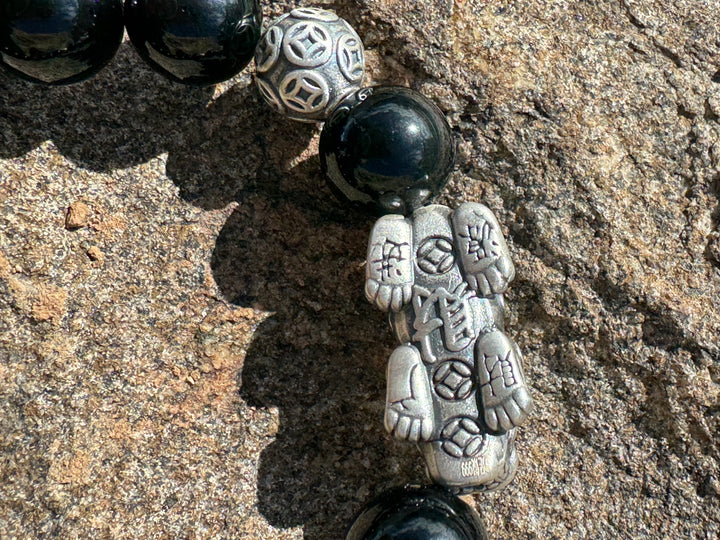 Divine Prosperity - Sterling Silver 999 Pixiu & Natural Black Obsidian Beads