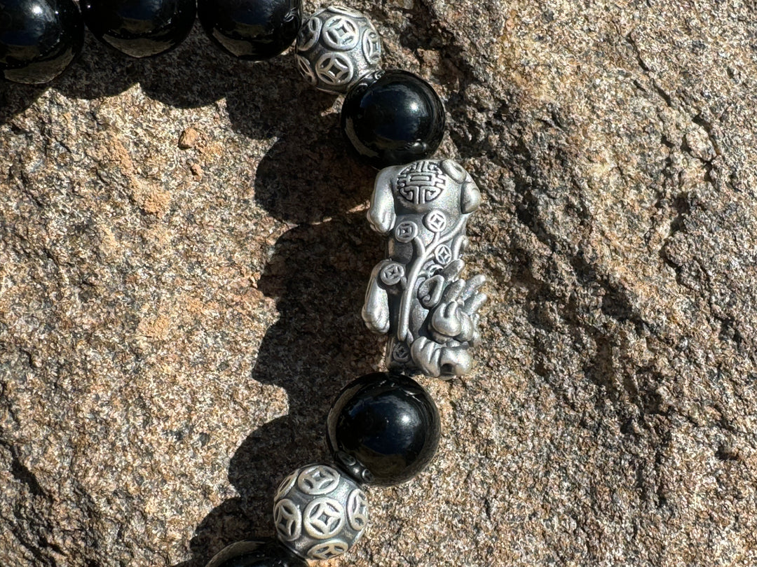 Divine Prosperity - Sterling Silver 999 Pixiu & Natural Black Obsidian Beads