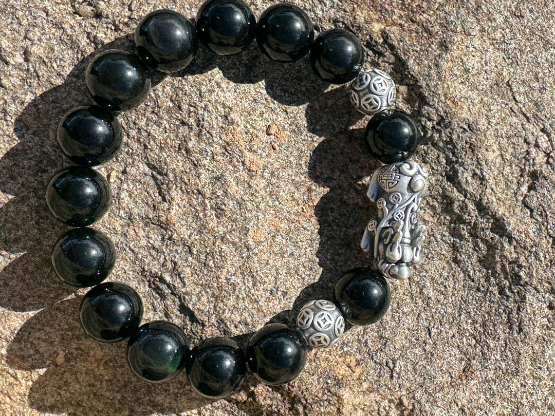 Divine Prosperity - Sterling Silver 999 Pixiu & Natural Black Obsidian Beads