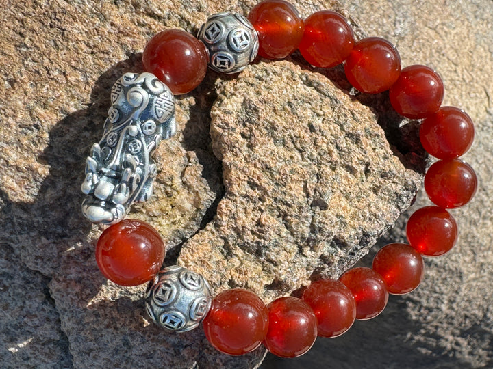 Divine Prosperity - Sterling Silver 999 Pixiu & Natural Red Agate Beads